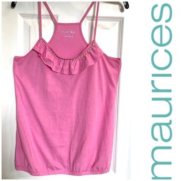 MAURICES - NWOT - L Sz L Double Flounce-Neck Blouson Tank w/Racer Back in Pink🩷 - Picture 1 of 12